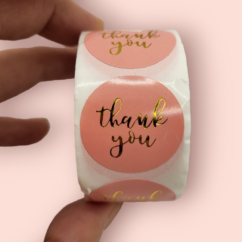 -300pc-Thank You Stickers Pink labeling with Gold Foil-New-